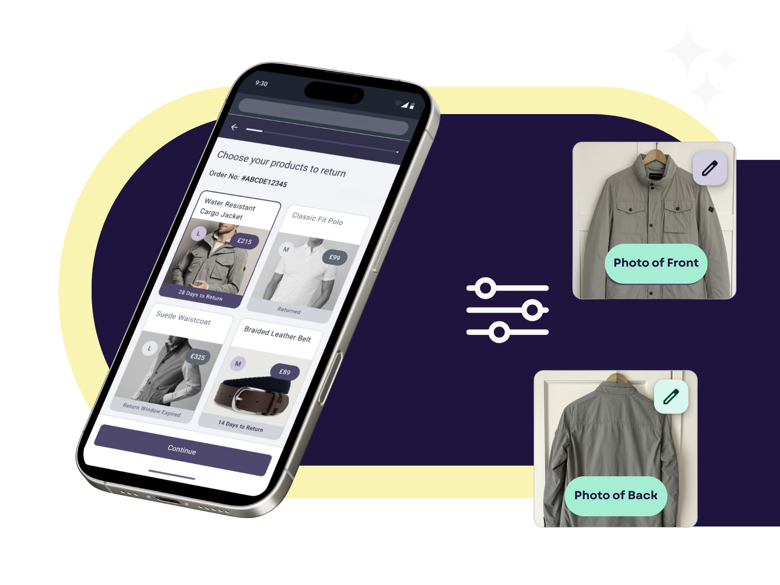 AI-powered returns grading example showing smartphone item selection screen and front/back photo upload of a grey cargo jacket. AI-powered returns grading example showing smartphone item selection screen and front/back photo upload of a grey cargo jacket.