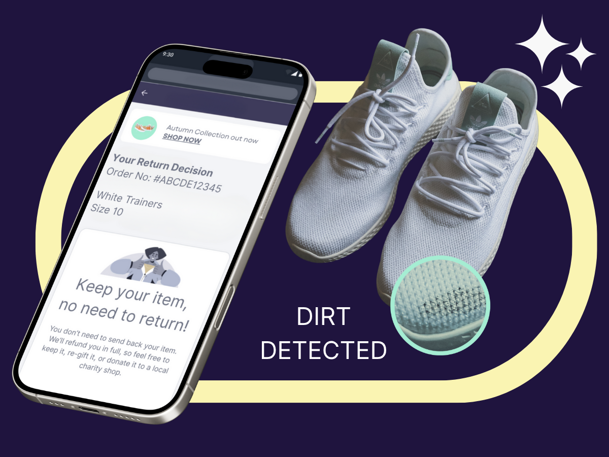 Returns grading example showing smartphone 'Keep your item' message and dirt detection on a pair of white trainers.